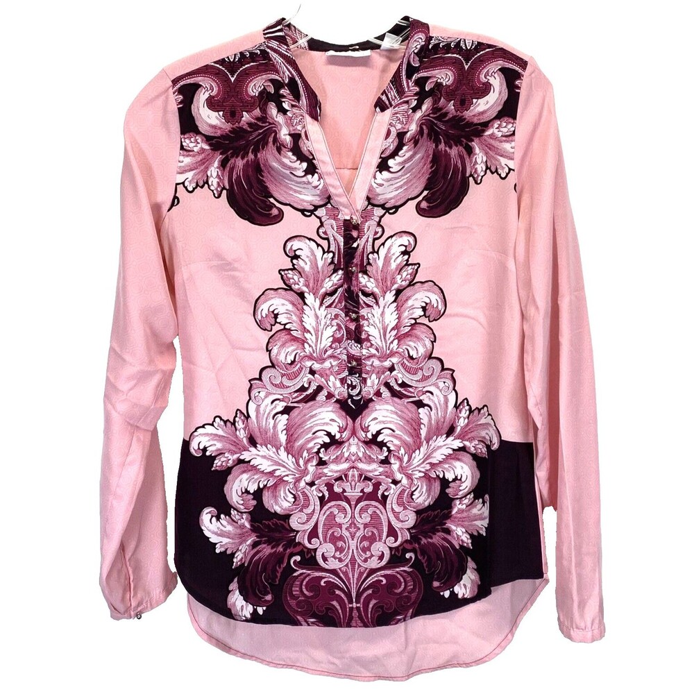 New York & Company Women Top Sz S Pink Semi-Sheer Long Sleeve Paisley Pull Over